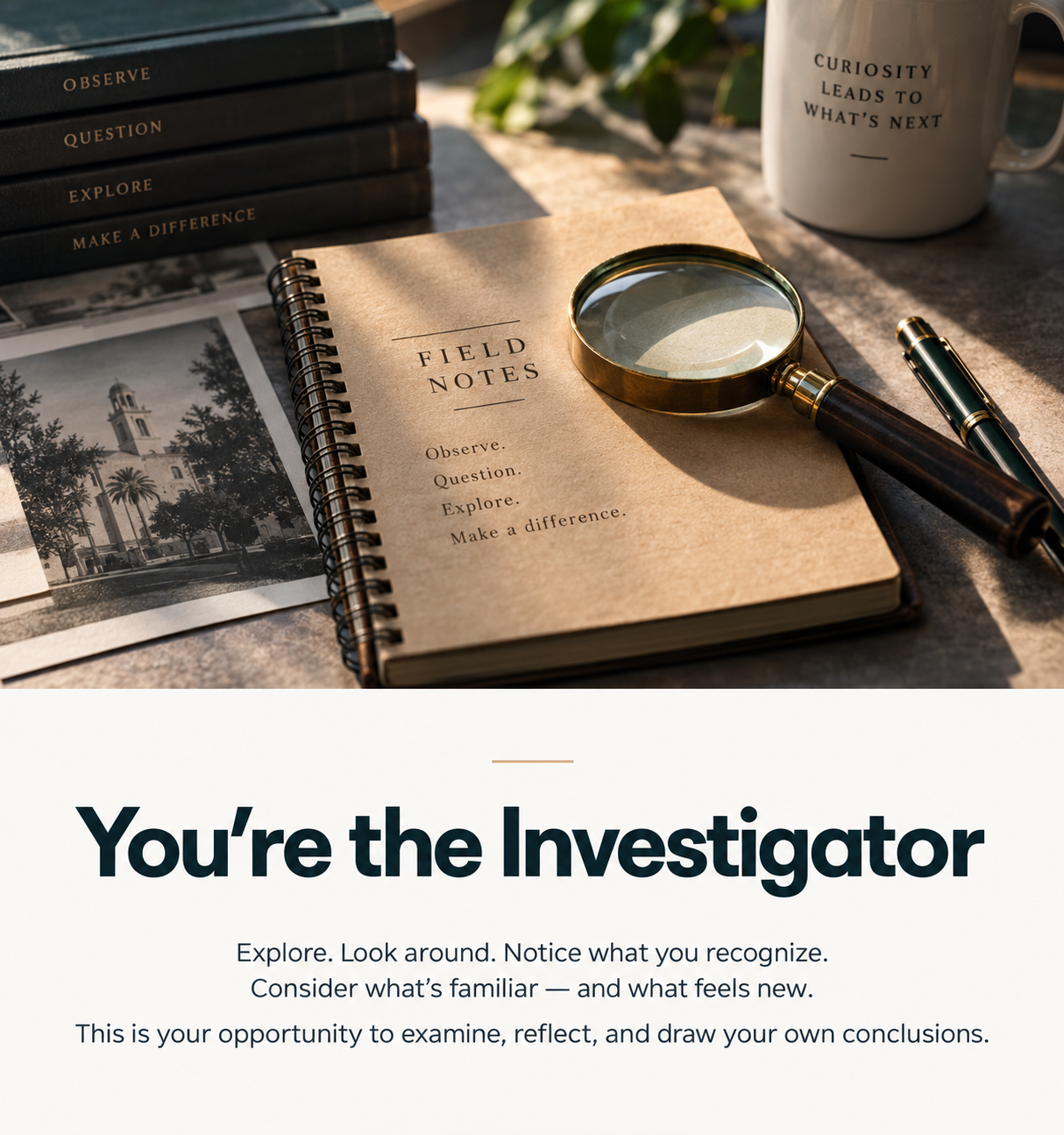 Field Notes notebook with a magnifying glass, books, photographs and a pen on an investigative desk